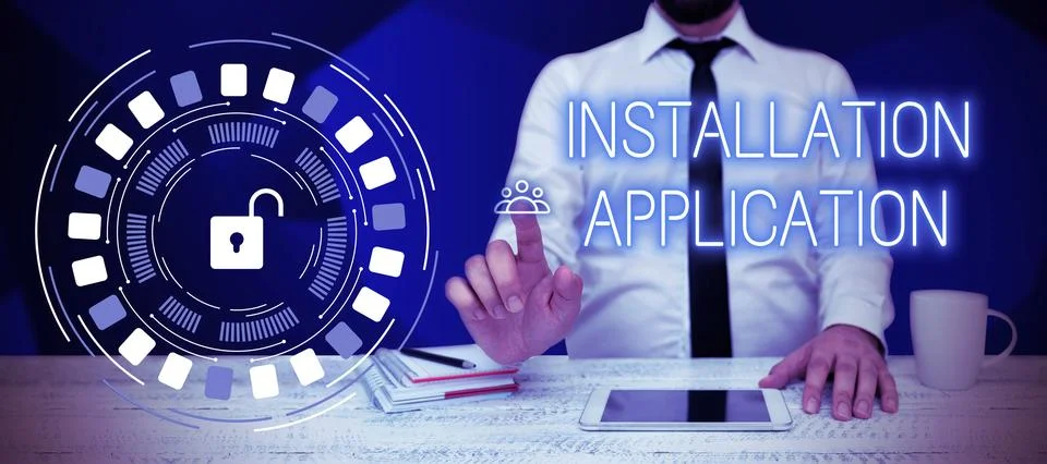 Text caption presenting Installation Application. Business overview the act of 스톡 사진