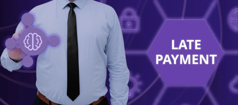 Text caption presenting Late Payment. Word for payment made to the lender after Foto stock