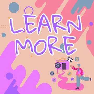 Text caption presenting Learn More. Business overview Deepen knowledge of the Illustrazione stock