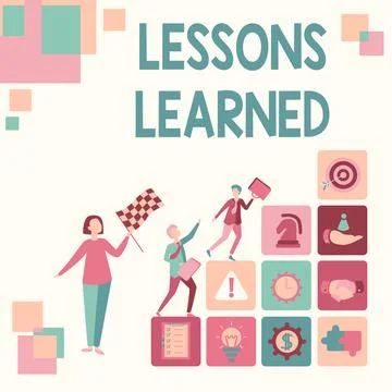 Text caption presenting Lessons Learned. Word Written on information reflects Stockillustratie