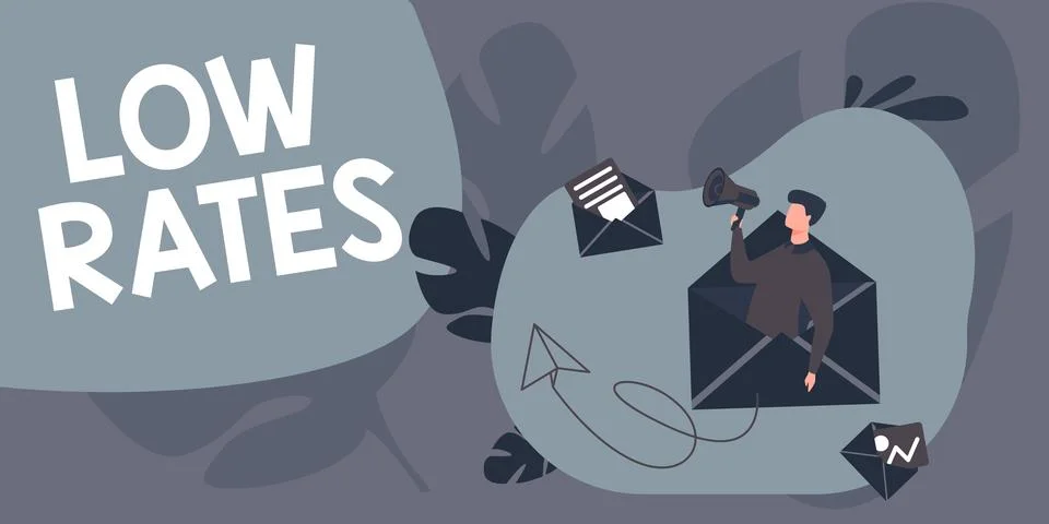 Text caption presenting Low Rates. Business overview A cost of an item or Stock Illustration