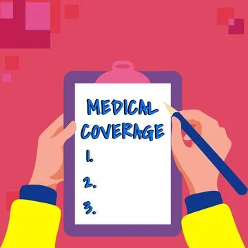 Text caption presenting Medical Coverage. Word for inclusion within the scope of Stock Illustration