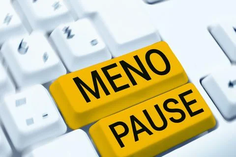 Text caption presenting Meno Pause. Word for the process through which a woman Stock Photos