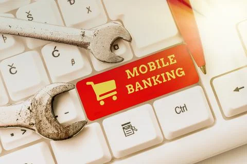 Text caption presenting Mobile Banking. Word for to create financial Stock Photos