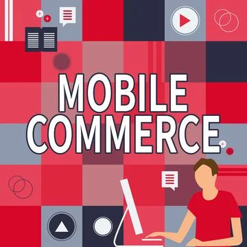 Text caption presenting Mobile Commerce. Word for Using mobile phone to conduct Stock Illustration