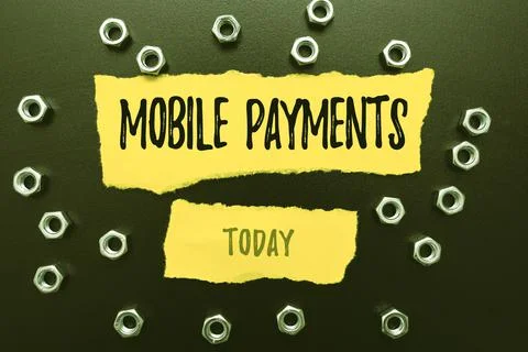 Text caption presenting Mobile Payments. Word Written on money paid for a Stock Photos