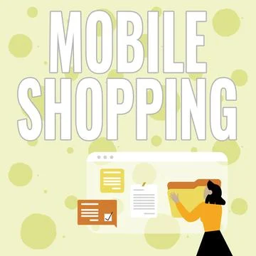 Text caption presenting Mobile Shopping. Word Written on Buying and selling of Illustrazione stock