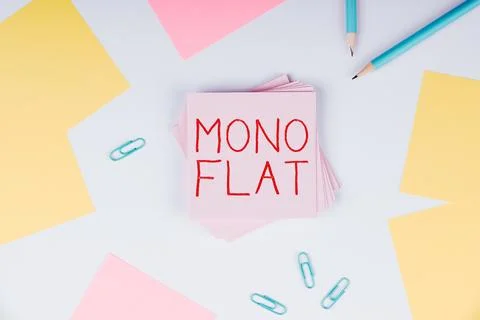 Text caption presenting Mono Flat. Conceptual photo lying at full length or Fotos de archivo