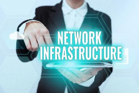 Text caption presenting Network Infrastructure. Business overview Hardware and Stock Photos