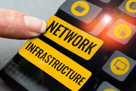 Text caption presenting Network Infrastructure. Business concept Hardware and Stock Photos