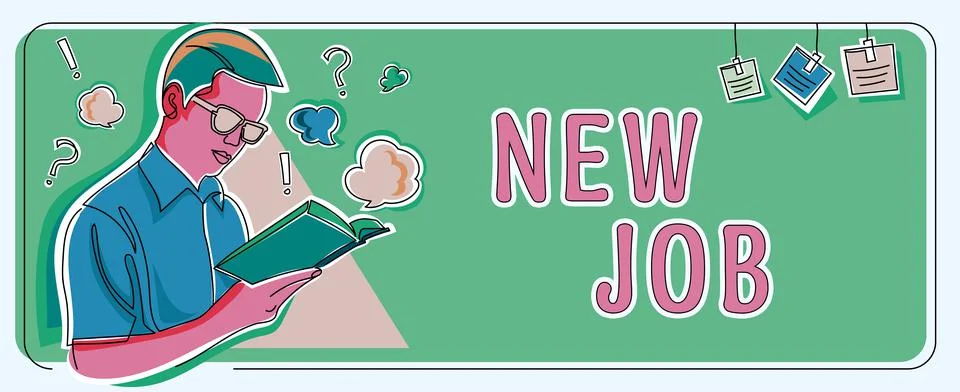 Text caption presenting New Job. Business overview signing contract Finding work Stock Illustration