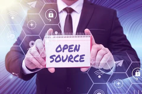 Text caption presenting Open Source. Word for denoting software which original 库存照片