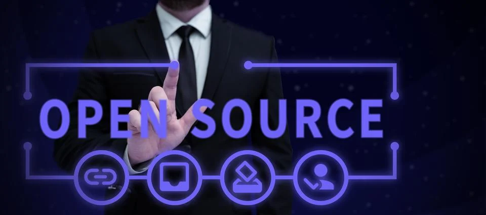 Text caption presenting Open Source. Business showcase denoting software which 写真素材