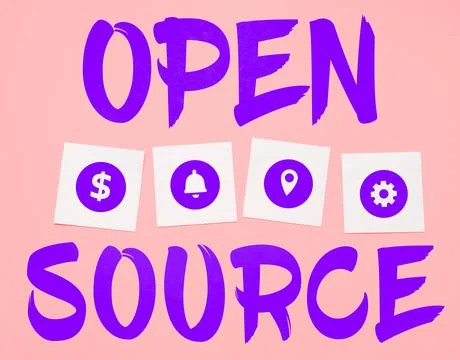Text caption presenting Open Source. Concept meaning denoting software which 스톡 사진