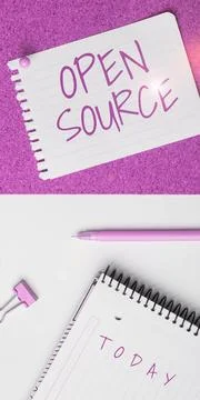 Text caption presenting Open Source. Concept meaning denoting software which Foto stock