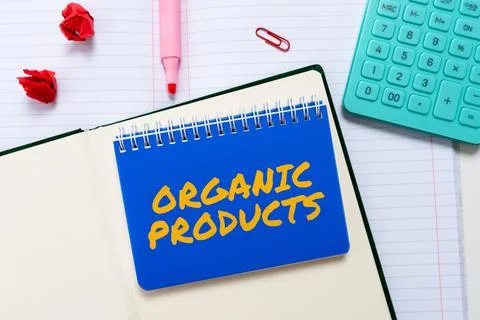 Text caption presenting Organic Products. Business overview work environment in Stock Photos