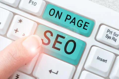 Text caption presenting On Page Seo. Word for allow users to provision raw cloud Stock Photos