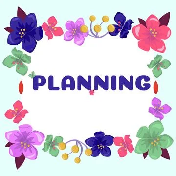 Text caption presenting Planning. Word for process of thinking about the Illustrazione stock