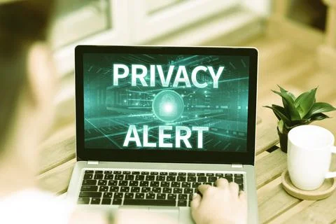 Text caption presenting Privacy Alert. Business overview warns the user from the Stock Photos