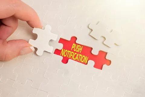 Text caption presenting Push Notification. Word for automated message sent by an Stock Photos
