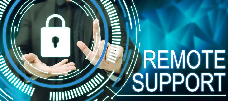 Text caption presenting Remote Support. Conceptual photo help end-users to solve 写真素材