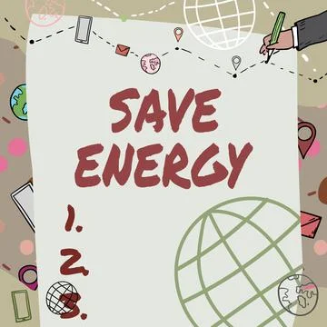 Text caption presenting Save Energy. Business idea decreasing the amount of Illustrazione stock