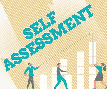 Text caption presenting Self Assessment. Word for evaluation of oneself or one s Stock Illustration