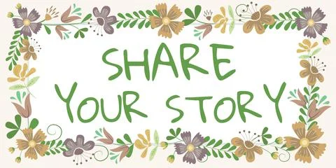 Text caption presenting Share Your Storyasking someone to about himself write Stock Illustration