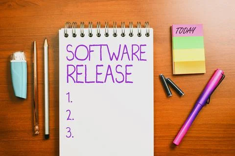 Text caption presenting Software Releasesum of stages of development and Stock Photos