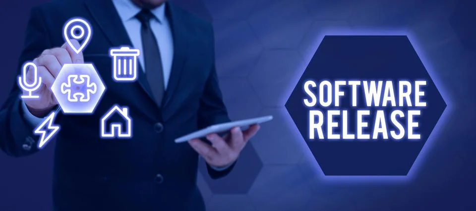 Text caption presenting Software Releasesum of stages of development and Stock Photos