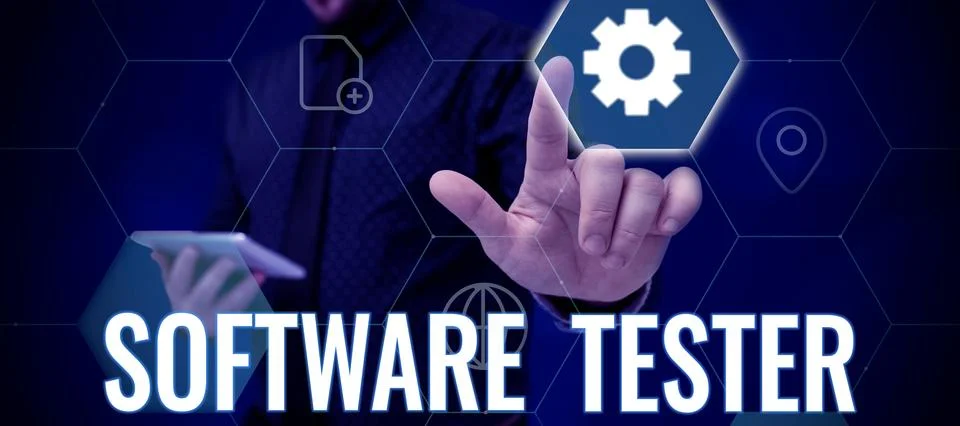 Text caption presenting Software Tester. Word Written on implemented to protect Foto stock