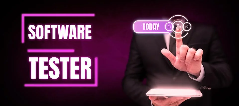 Text caption presenting Software Tester. Word for implemented to protect Foto stock