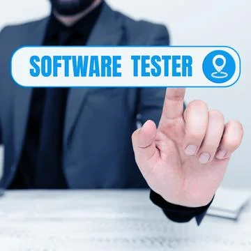 Text caption presenting Software Tester. Word for implemented to protect Foto stock