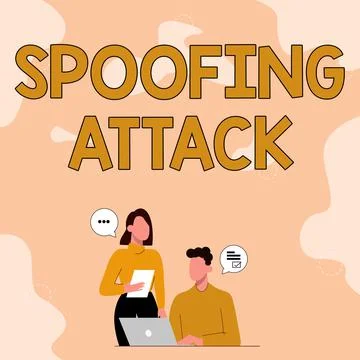 Text caption presenting Spoofing Attack. Word for impersonation of a user 库存插图