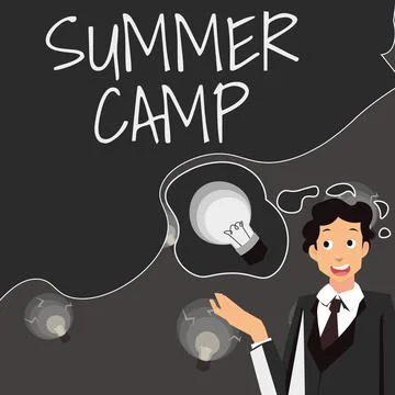 Text caption presenting Summer Camp. Word for Supervised program for kids and Stock Illustration
