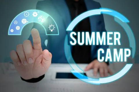 Text caption presenting Summer Camp. Business concept Supervised program for Stock Photos