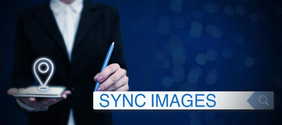 Text caption presenting Sync Images. Conceptual photo Making photos identical in 스톡 사진
