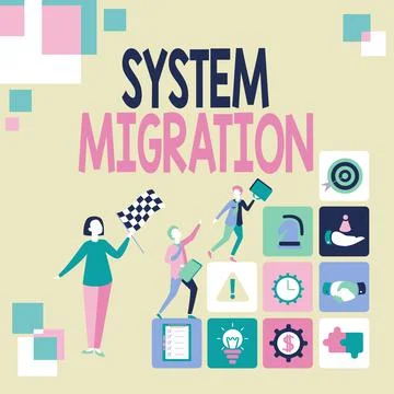 Text caption presenting System Migration. Concept meaning moving from the use of Illustration