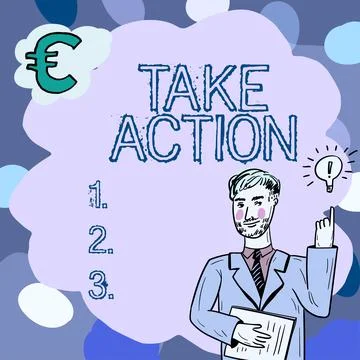 Text caption presenting Take Action. Word Written on positive act of making a Illustrazione stock