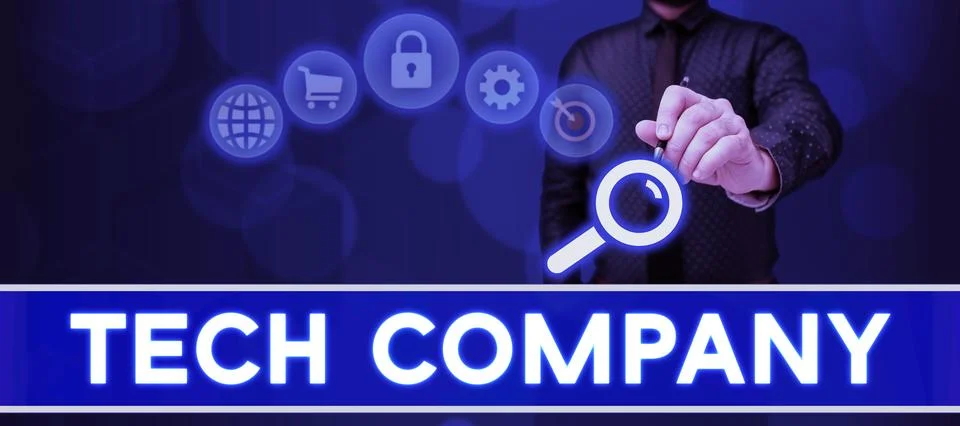 Text caption presenting Tech Company. Business concept a company that invents or 스톡 사진