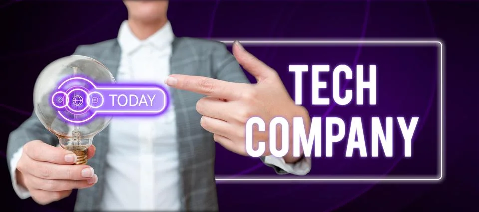 Text caption presenting Tech Company. Business overview a company that invents Foto stock
