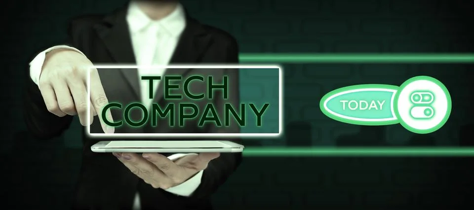 Text caption presenting Tech Company. Word for a company that invents or Foto stock