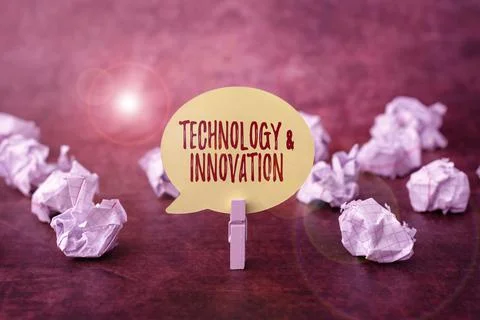 Text caption presenting Technology And Innovation. Business overview Application Foto stock