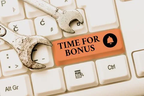 Text caption presenting Time For Bonus. Concept meaning a sum of money added to Stock Photos