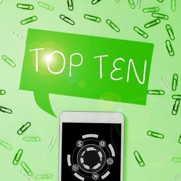 Text caption presenting Top Ten. Business overview the ten most popular songs or Stock Photos