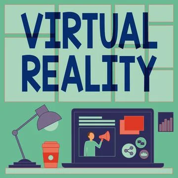 Text caption presenting Virtual Reality. Word for Virtual Reality Laptop On A Stock Illustration