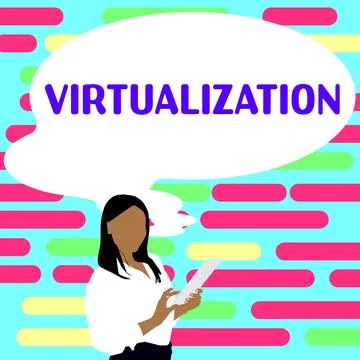Text caption presenting Virtualization. Business showcase application of virtual Illustrazione stock