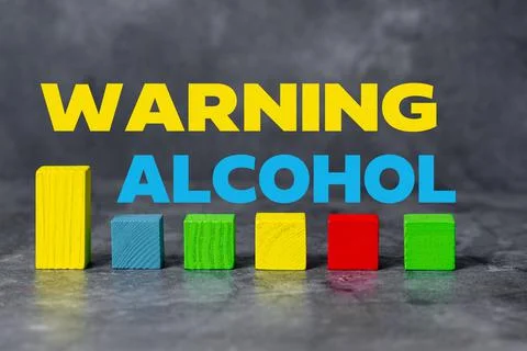 Text caption presenting Warning Alcohol. Conceptual photo messages appear on the Stock Photos