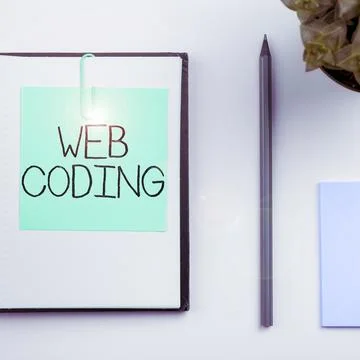 Text caption presenting Web Coding. Business overview work involved in Stock Photos