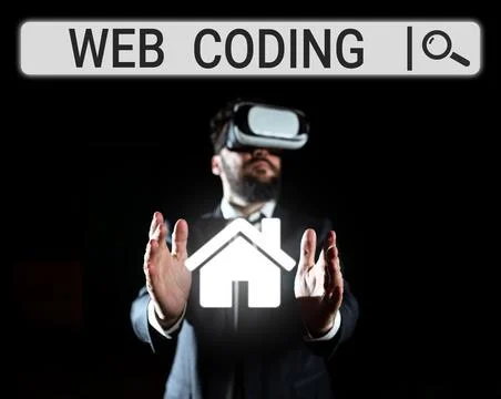 Text caption presenting Web Coding. Word for work involved in developing a web Foto stock